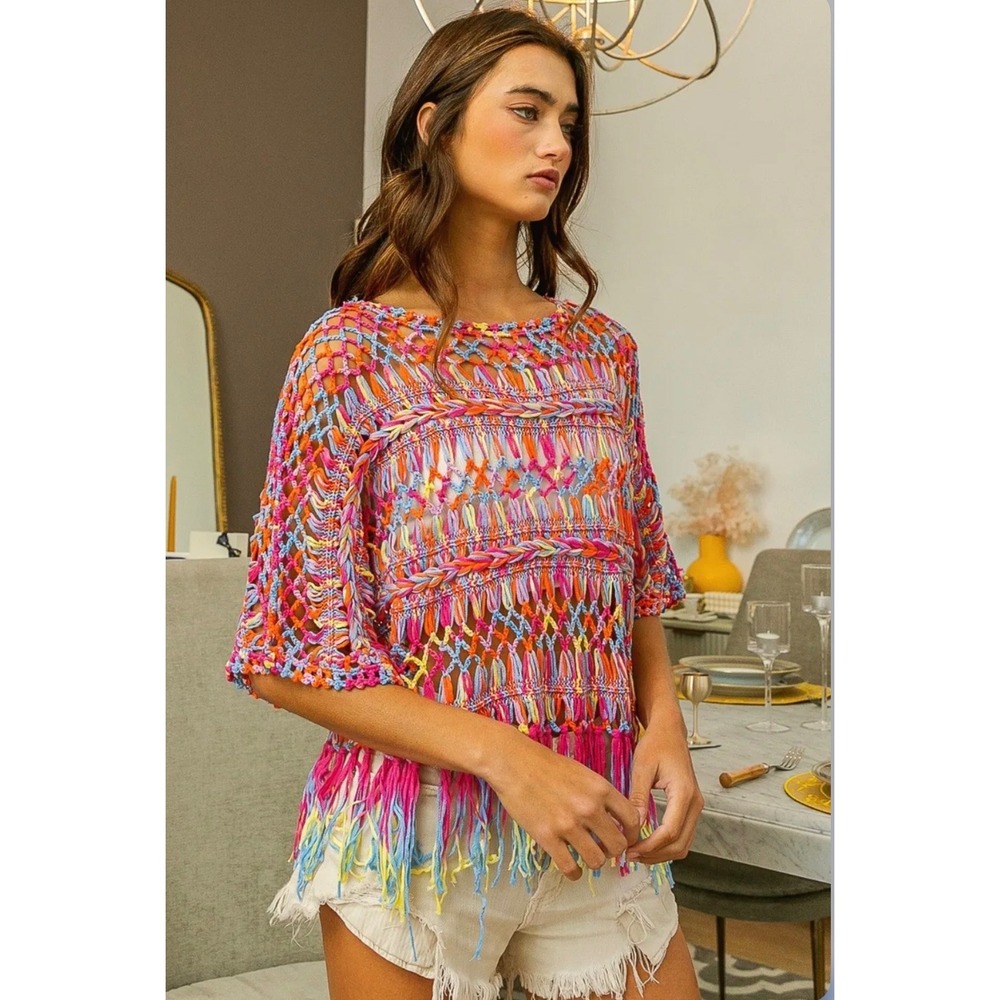 BiBi Openwork Fringed Knit Cover Up Crochet Top Multi Color Boho Size Medium